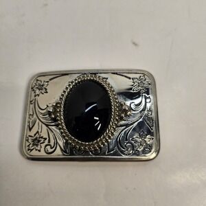 Vintage Silver Tone Black Onyx Stone Western Belt Buckle